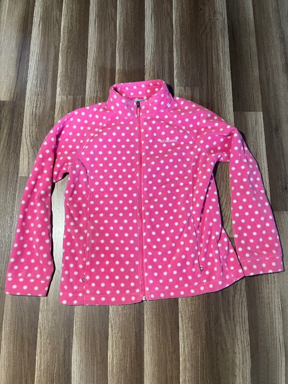 Pink with white Polka dots Columbia Fleece jacket size XL kids (18/20)